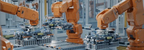 Robotit kasaavat akkuja akkutehtaalla